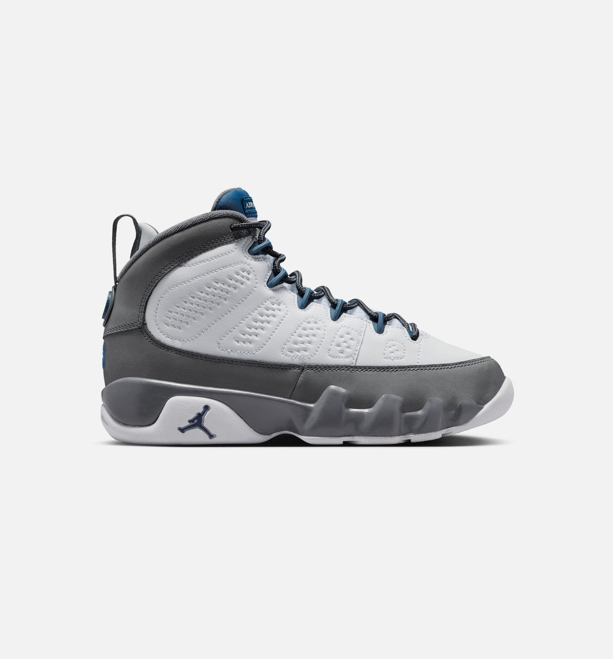 Air Jordan 9 Retro Flint Grey and French Blue Grade School Lifestyle Shoe - White/French Blue/Flint Grey
