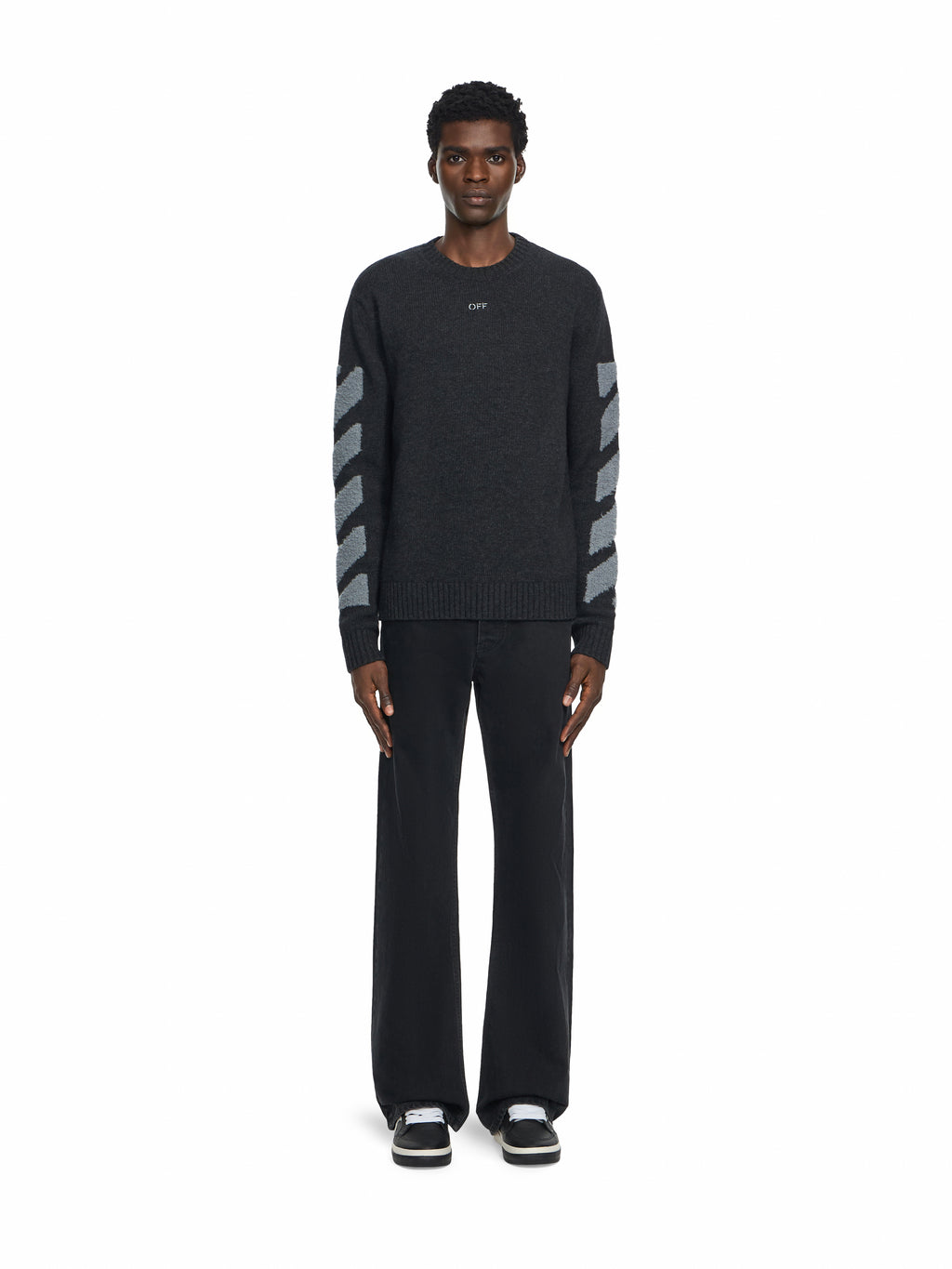OFF WHITE Diagonals Fuzzy Knit Crewneck ANTRACITE 44MHE087F26K002