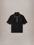 LEATHER TRIM KNIT ZIPPED POLO - Black