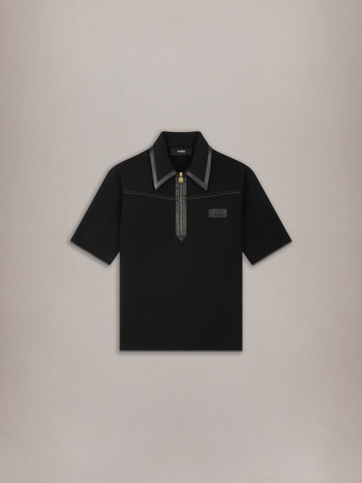 LEATHER TRIM KNIT ZIPPED POLO - Black