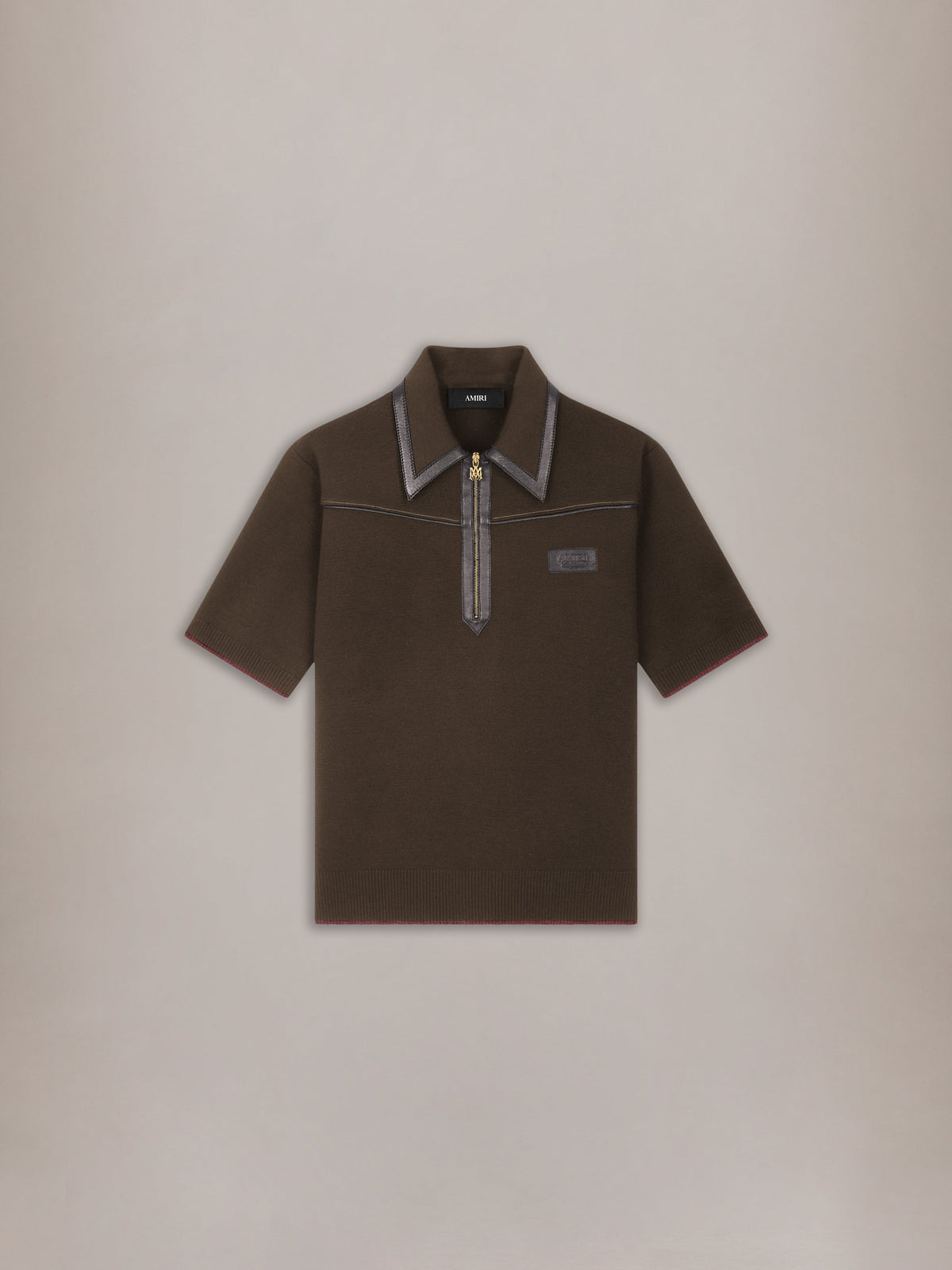 LEATHER TRIM KNIT ZIPPED POLO - Husk