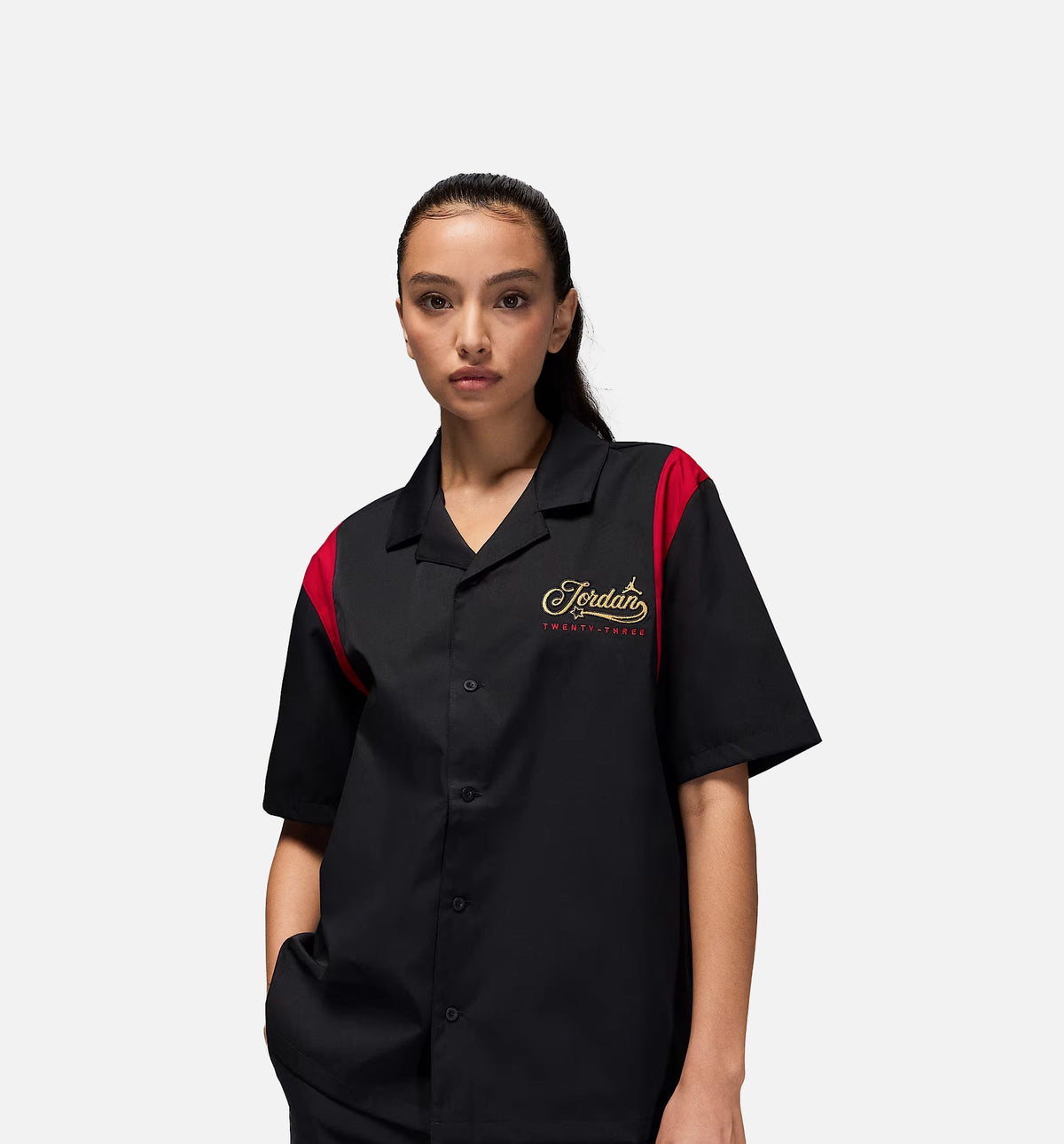 Button Up Womens Short Sleeve Shirt - Black/Gym Red