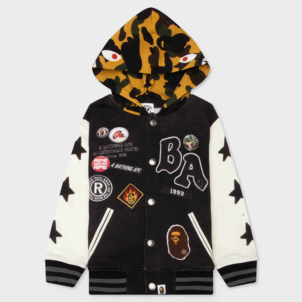 Kids 1st Camo Shark Hoodie Print Sweat Varsity Jacket - Black