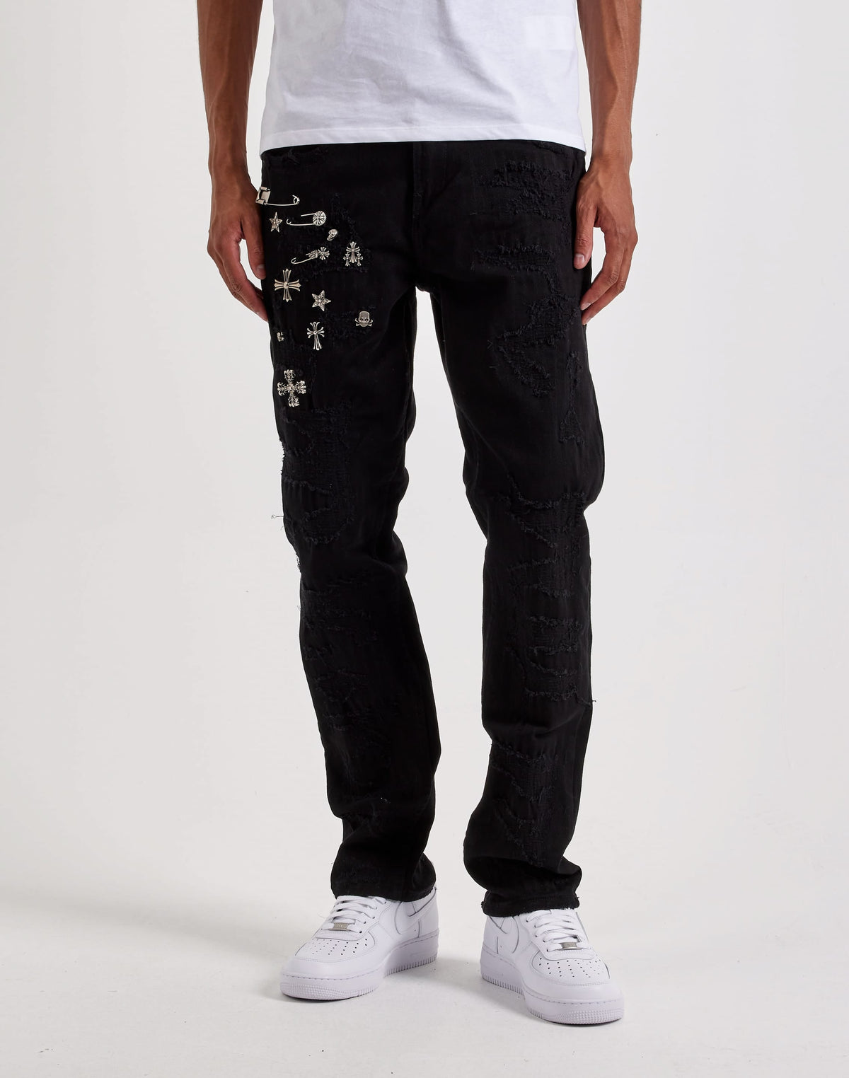 Smuggler's Moon Slim Distressed Cross Pin Denim Jeans