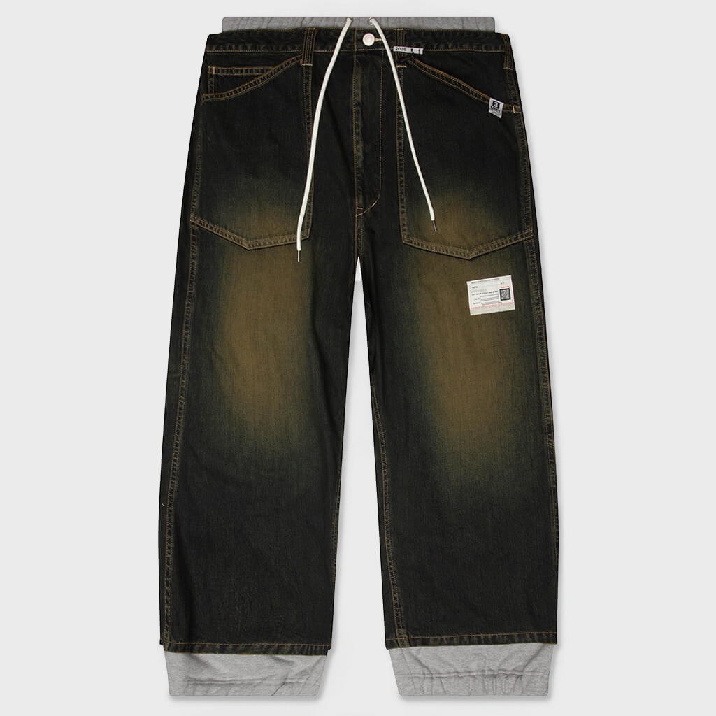 Sweat Pants Combined Denim Pants - Indigo