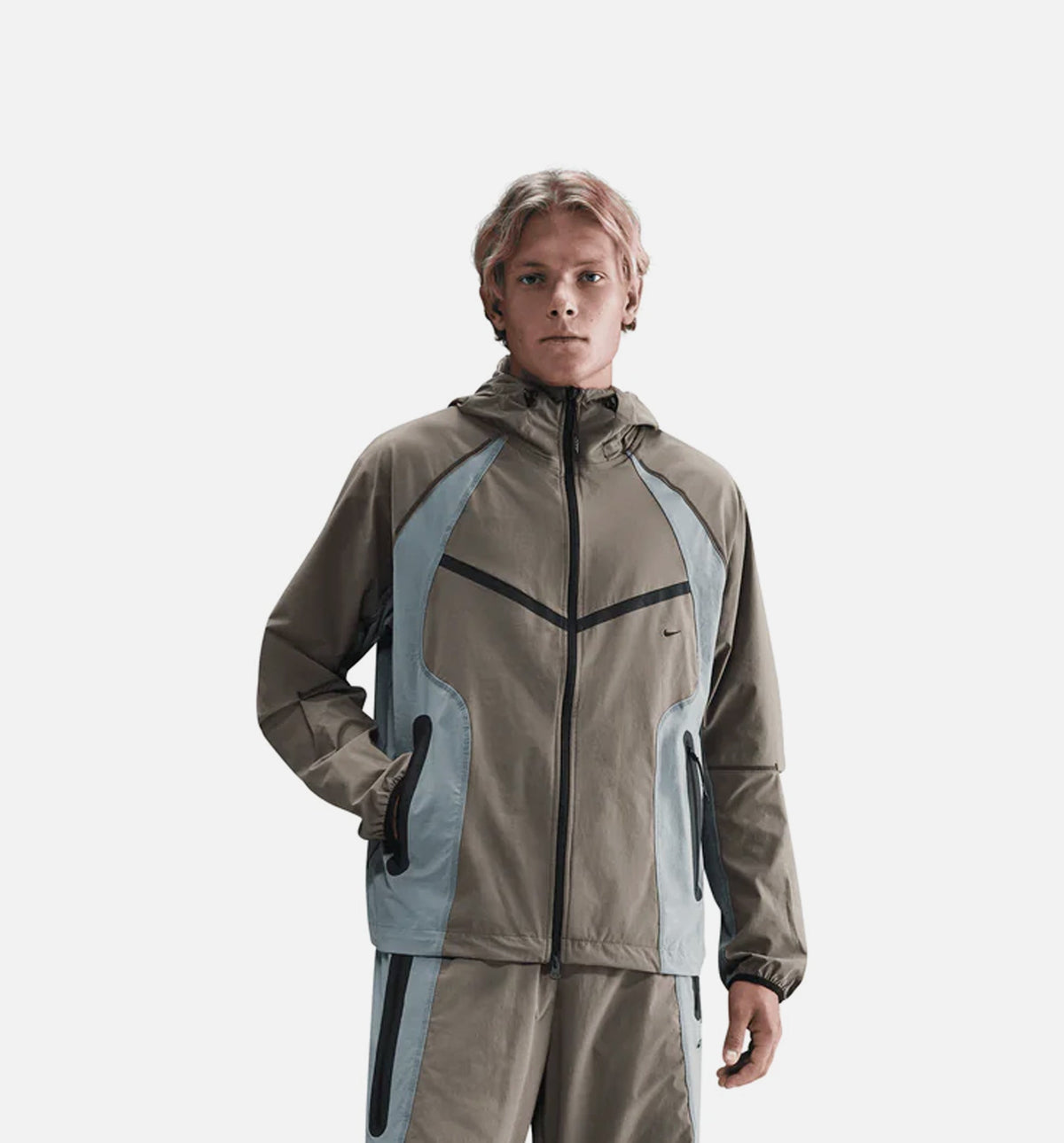 Tech Dri Fit Woven Color Block Windrunner Loose Mens Jacket - Cave Stone/Cool Grey/Black